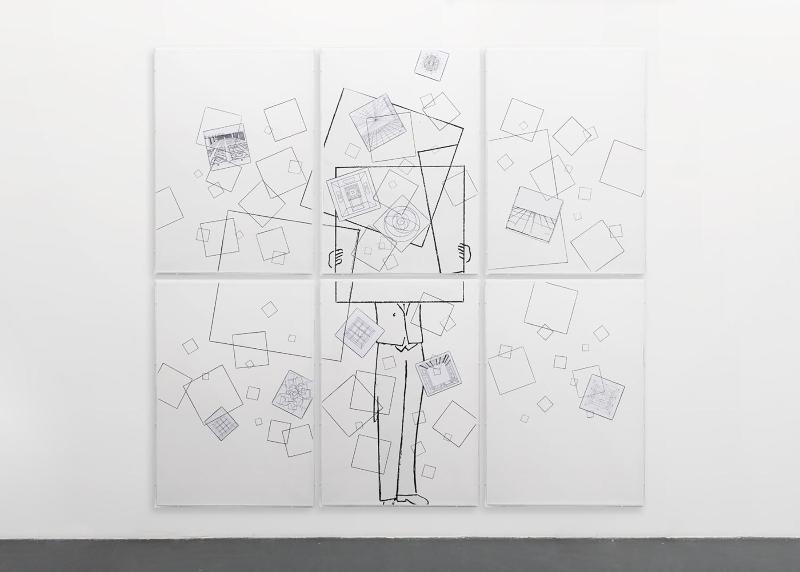 Larte di non esserci, 2018-19, pencil and collage on paper in plexiglas cases, six plexiglas cases cm 100 x 70 each, cm 206 x 220 overall