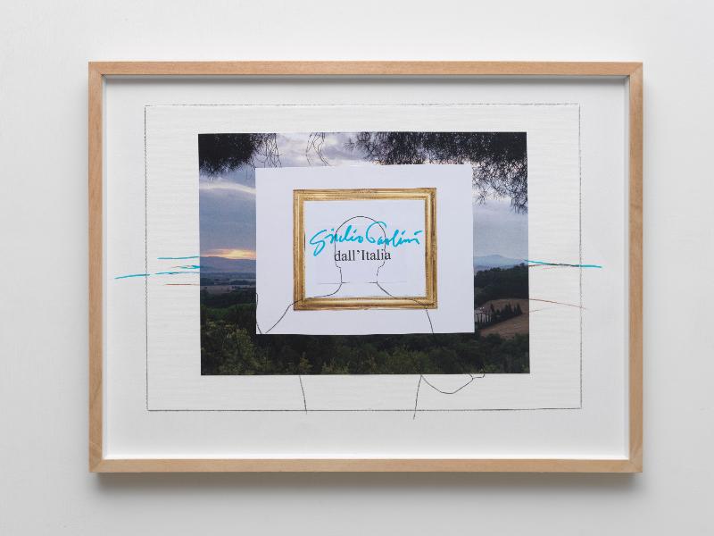 DallItalia, 2024, pencil, brown pencil, blue pencil, blue ink and collage on paper, 45 x 62 cm (unframed) - h 47 x 63,5 x 3,5 cm (framed) 