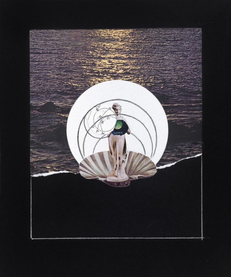 Studio per 'Rinascita di Venere', 2017, pencil, white pencil and collage on black paper, cm 48 x 40 (unframed), cm 59,4 x 51,8 x 2,5 (framed) 