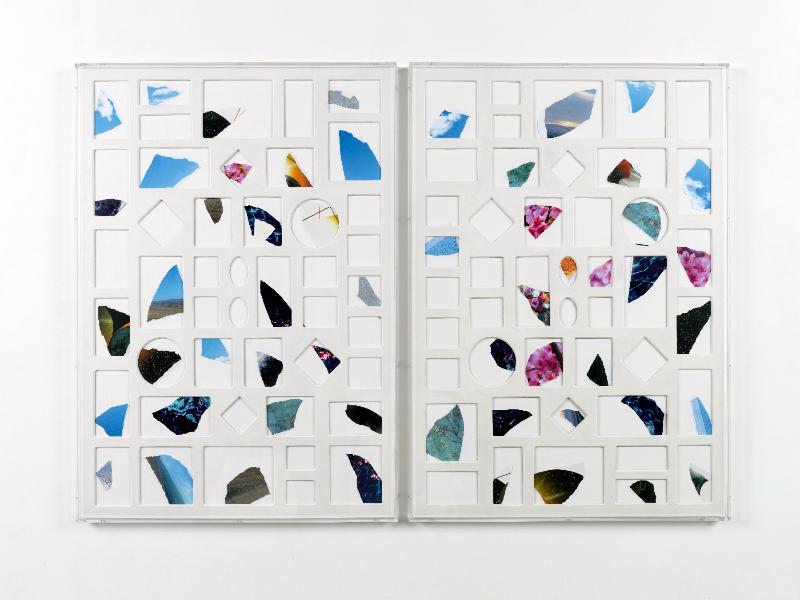 Tutto e niente, 2024, collage on paper and cut-out passepartouts in plexiglas cases, two plexiglass cases 101 x 71 x 3,5 cm each, 101 x 144 x 3,5 cm overall dimensions 