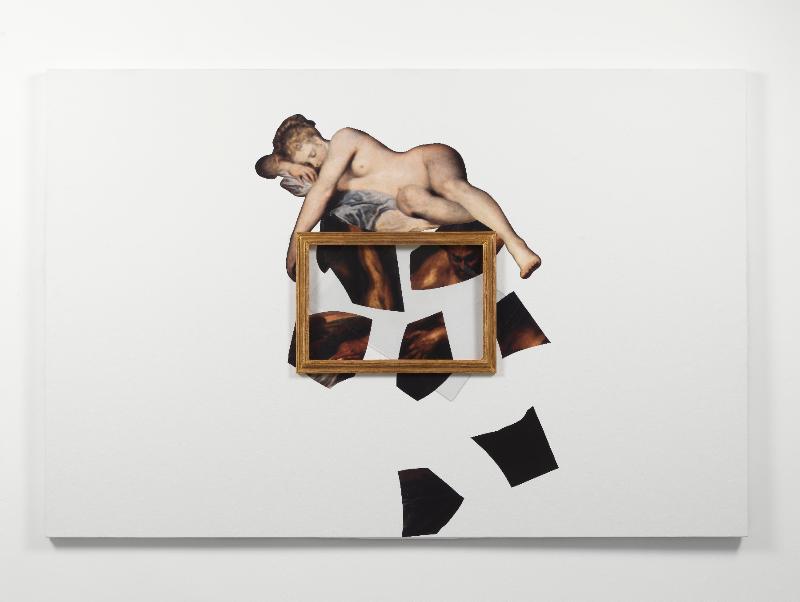 Giove e Antiope, 2016-21, gilded frame, plexiglas plate, collage on canvas; canvas 160 x 240 cm, frame and plate cm 40 x 60 cm