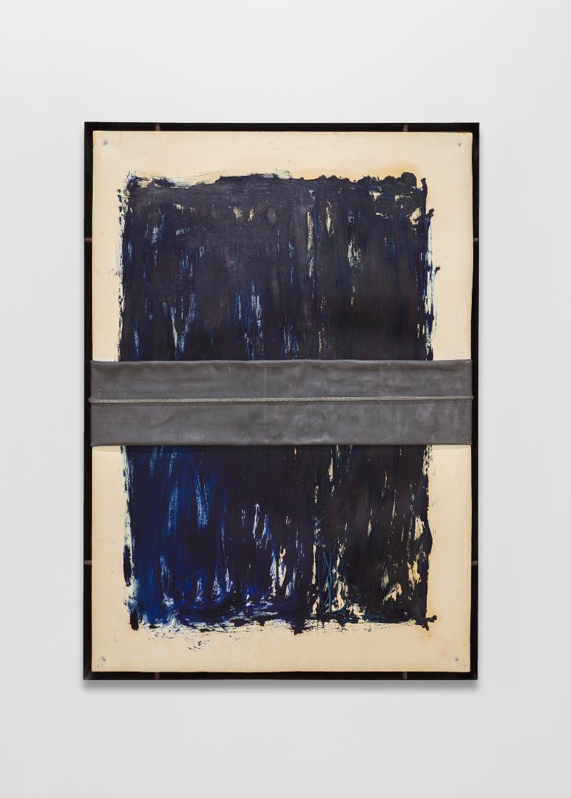 Senza titolo, 1998, lamiera di ferro, olio su carta, cavo di piombo e acciaio, cm 100 x 70