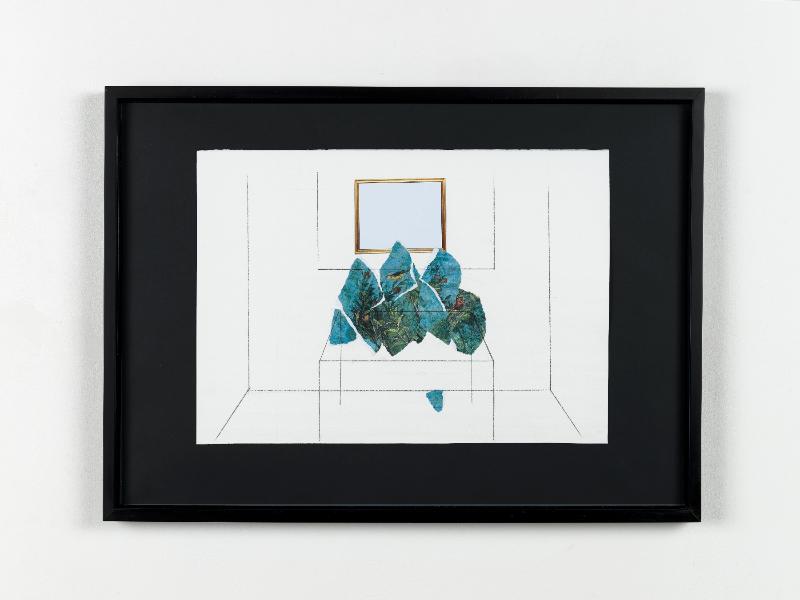 Il paesaggio sul tavolo, 2024, pencil and collage on white paper applied on grey paper, 50 x 70 cm (unframed) - h 52 x 72 x 3,5 cm (framed) 