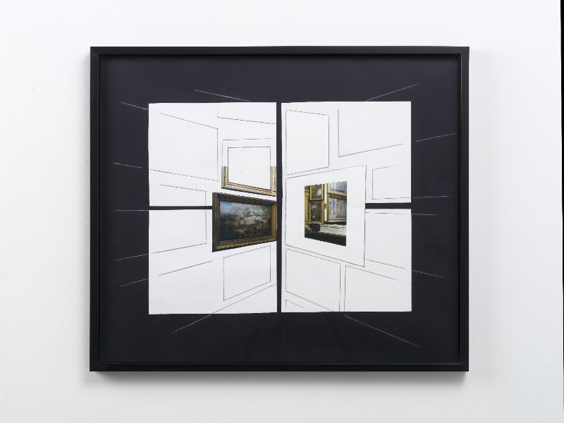 Studio per 'Stanza delle apparizioni', 2018, pencil, white pencil and collage on white paper and black paper, 60 x 70 cm (unframed) - 62 x 72 x 3,5 cm (framed) 