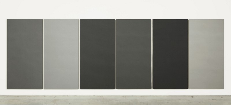 Painting in 6 different greys, 1988, acrylic on canvas, 6 rectangles, cm 250 x 125 (each), cm 250 x 772,5 (overall dimensions)