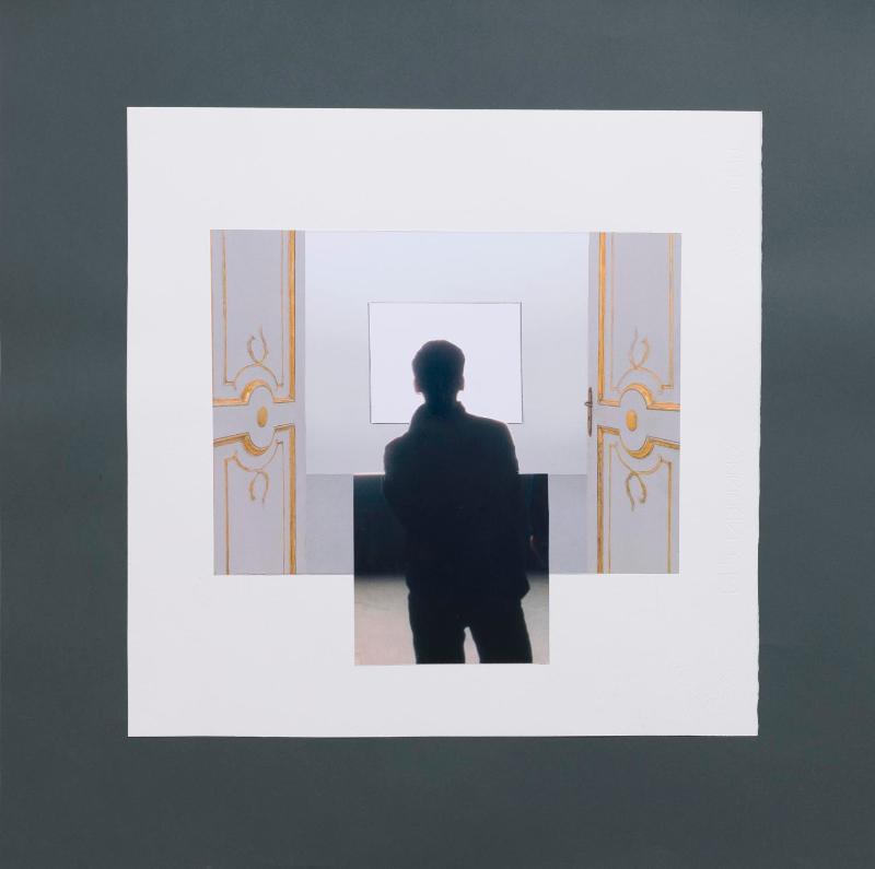 Fuori scena, 2024, collage on white paper applied on grey paper, 70 x 70 cm (unframed) - 72 x 72 x 3,5 cm (framed) 