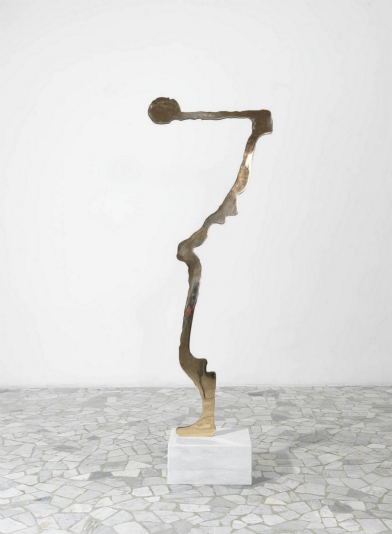 Rita McBride, TC, 2010, marble and bronze, marble base cm 15 x 32 x 23, Sculpture in bronze cm 134 x 50 x 2 