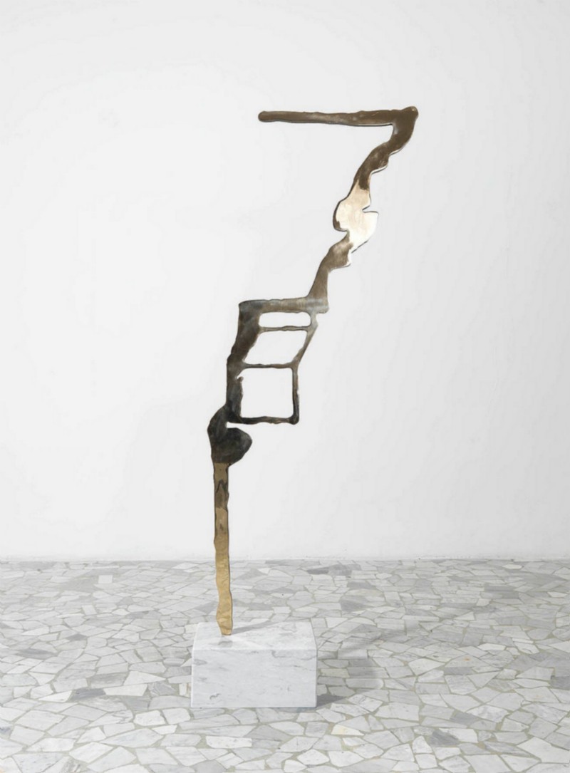 Rita McBride, Temple of Isis, 2010, marble and bronze, marble base cm 15 x 32 x 23, Sculpture in bronze cm 140 x 57 x 2 